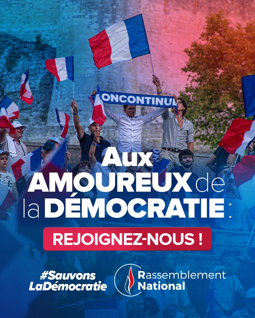 🔵 Face au scandale démocratique visant la favorite à la présidentielle, mobilisons-nous pour clamer notre amour de la démocratie !

Rendez-vous dimanche à 15h, place Vauban à Paris, pour notre grand rassemblement populaire et démocratique !

🇫🇷 Adhérez : adhesions.rassemblementnational.fr