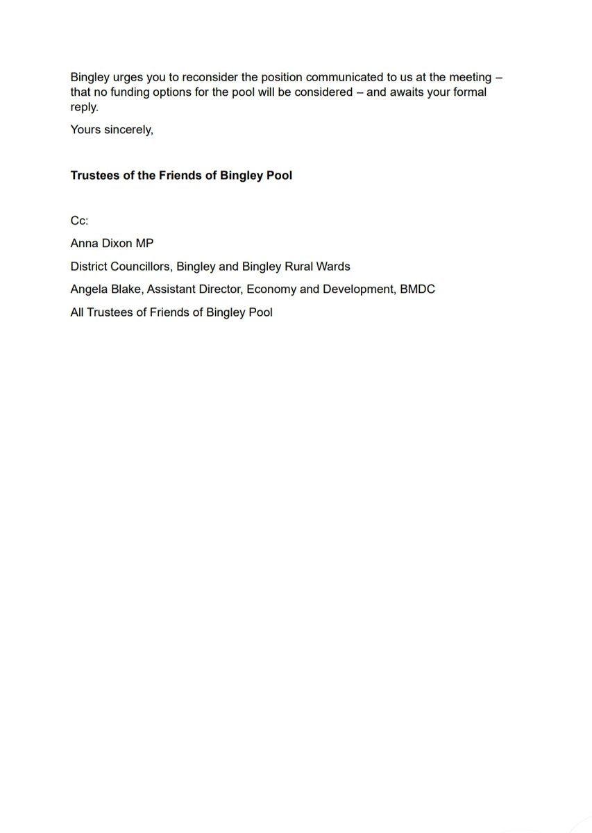 📨A letter from the Friends of Bingley Pool to David Shepherd, Strategic Director at the Department of Place, Bradford Council.