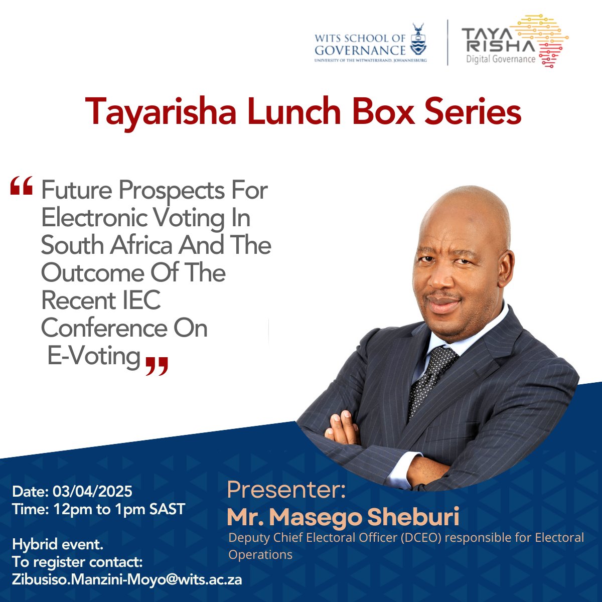 Our #TayarishaLunchBox of April will happen today at 12pm. Mr Sheburi is the Deputy Chief Electoral Officer (DCEO) responsible for Electoral Operations will be talking on the Future Prospects For Electronic Voting In South Africa. Join us shorturl.at/17Evm