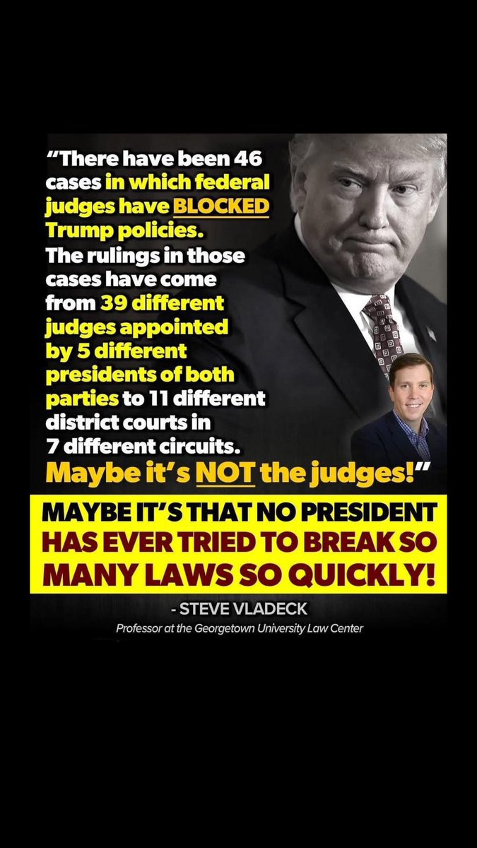 "There have been 46 cases in which federal judges have BLOCKED
Trump policies.
Maybe it's NOT the judges!"
MAYBE IT'S THAT NO PRESIDENT HAS EVER TRIED TO BREAK SO
MANY LAWS SO QUICKLY!
- STEVE VLADECK
Professor at the Georgetown University Law Center