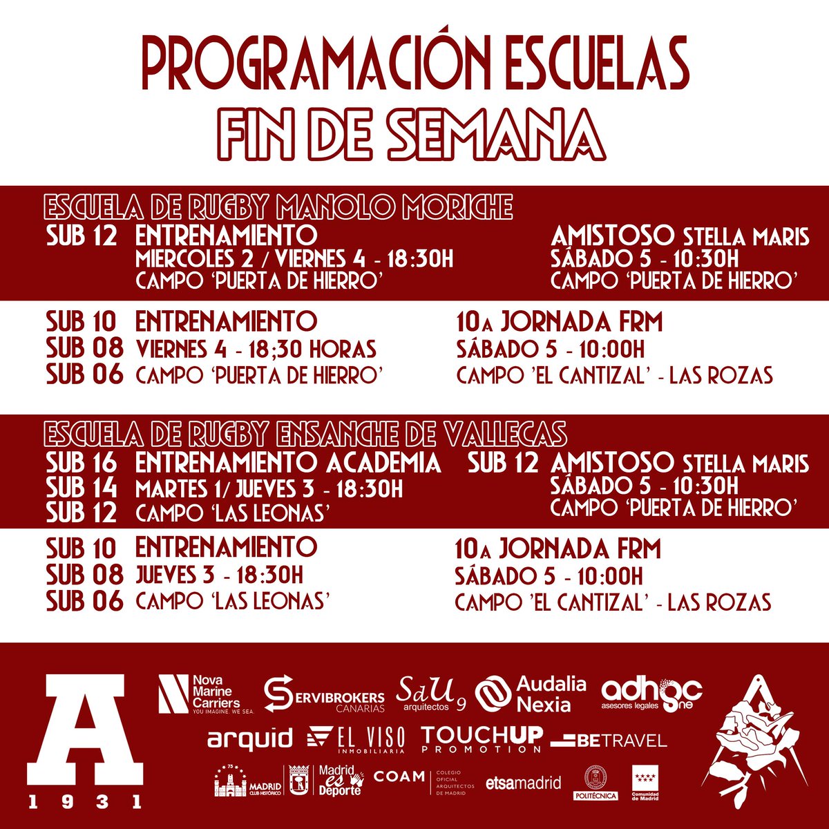 Club Deportivo Arquitectura (@cdarquitectura) on Twitter photo 📢PROGRAMACIÓN FIN DE SEMANA EQUIPOS ACADEMIA Y ESCUELA🏉
¡Aúpa Escuela!🌹
#cda #arquitecturaugby #rugbymadrid #NuestroRugby
<a href="/ferugby/">España Rugby</a>
<a href="/RugbyMadrid/">Federación de Rugby de Madrid</a>
<a href="/ComunidadMadrid/">Comunidad de Madrid</a>
<a href="/MADRID/">Ayuntamiento Madrid</a>
<a href="/JMDvivallecas/">Villa de Vallecas</a>
<a href="/La_UPM/">Universidad Politécnica de Madrid</a>
<a href="/ETSAMadrid/">ETSAM</a>
<a href="/COAMadrid/">COAM</a> 📢PROGRAMACIÓN FIN DE SEMANA EQUIPOS ACADEMIA Y ESCUELA🏉
¡Aúpa Escuela!🌹
#cda #arquitecturaugby #rugbymadrid #NuestroRugby
<a href="/ferugby/">España Rugby</a>
<a href="/RugbyMadrid/">Federación de Rugby de Madrid</a>
<a href="/ComunidadMadrid/">Comunidad de Madrid</a>
<a href="/MADRID/">Ayuntamiento Madrid</a>
<a href="/JMDvivallecas/">Villa de Vallecas</a>
<a href="/La_UPM/">Universidad Politécnica de Madrid</a>
<a href="/ETSAMadrid/">ETSAM</a>
<a href="/COAMadrid/">COAM</a>