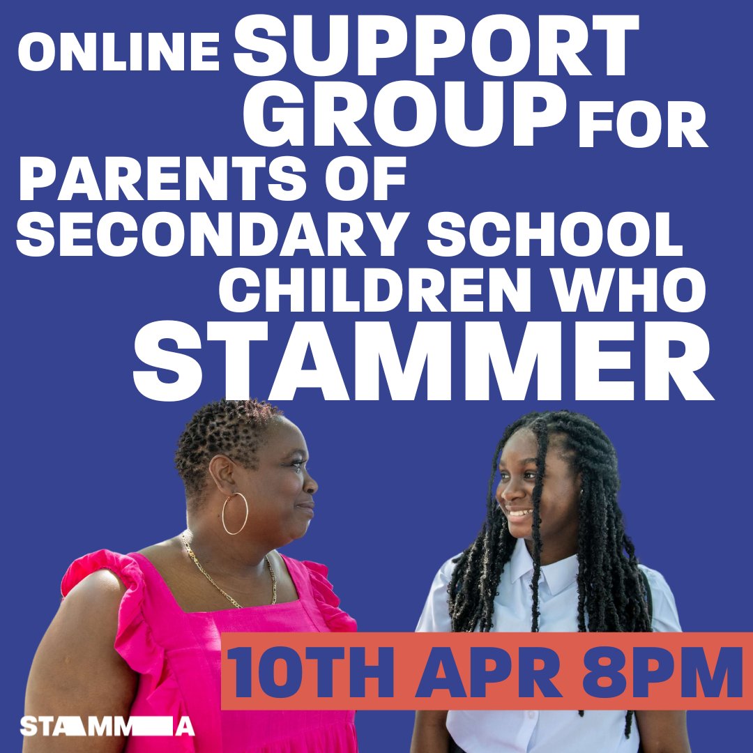 Do you have a child at secondary school who stammers? Come to our 'Parent 2 Parent' online support group meeting next Thursday at 8pm. 

It's a great chance to: 
✅chat with other parents
✅get support 
✅share your experiences.

Sign up at stamma.org/get-involved/e…
