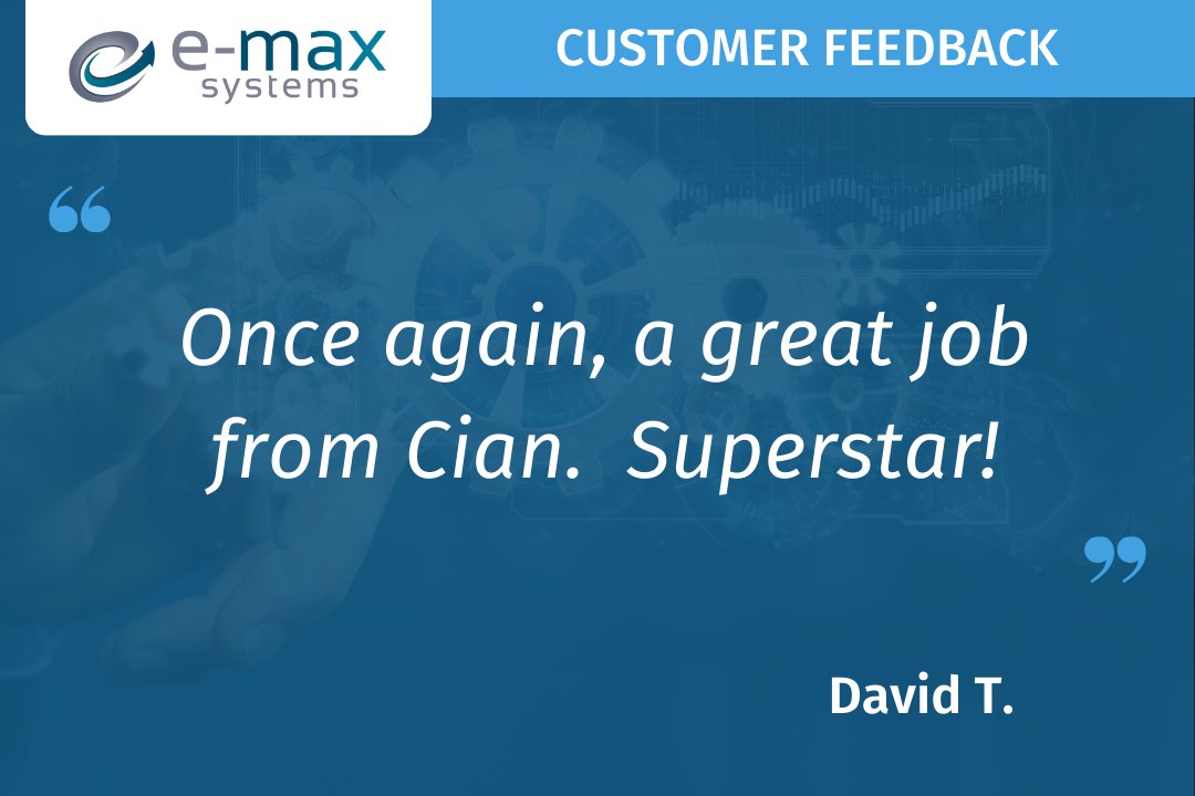 EmaxSystemsLtd's tweet image. He may be the newest member of our #TechnicalSupport team but he&apos;s already achieving great results! Fantastic feedback, Cian!

If you&apos;d like any help on E-Max related topics, you can reach Cian &amp;amp; the team through the Live Chat on our Customer Portal.

#FeelgoodFriday #CloudERP