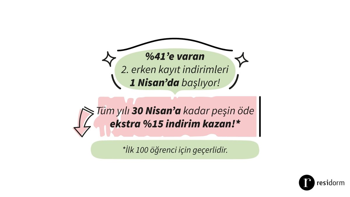🎉Residorm'da indirimli fiyatlardan kayıt yenileyebileceğiniz 2. erken kayıt kampanyamız 1 Nisan'da başladı!  Daha fazla detay için ilgili yurt telefon numaralarını arayabilirsiniz.

☎ Residorm Balıkesir 0266 999 1 666
☎ Residorm Muğla 0252 999 1 666