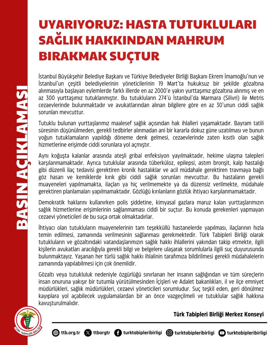 Uyarıyoruz:
Hasta Tutukluları Sağlık Hakkından Mahrum Bırakmak Suçtur

İstanbul Büyükşehir Belediye Başkanı ve Türkiye Belediyeler Birliği Başkanı Ekrem İmamoğlu’nun ve İstanbul’un çeşitli belediyelerinin yöneticilerinin 19 Mart’ta hukuksuz bir şekilde gözaltına alınmasıyla