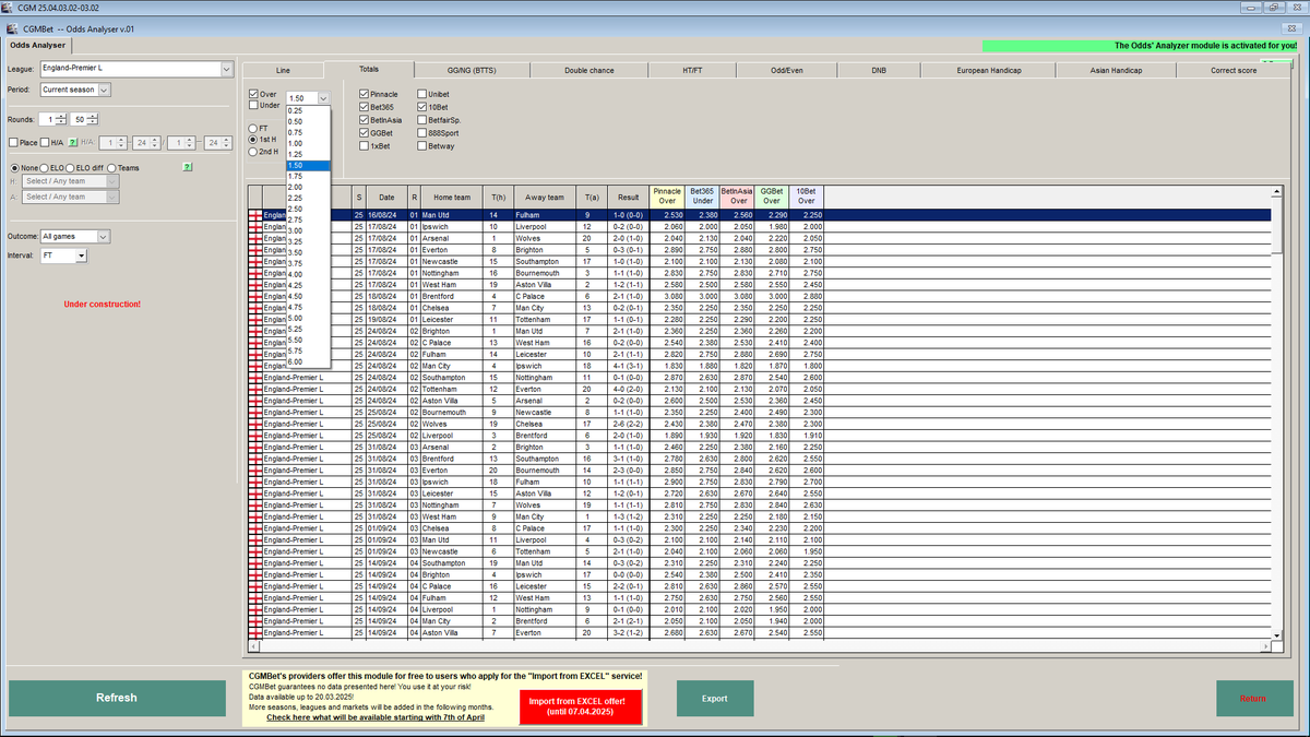 Cgmbet's tweet photo. The new "Odds' analyzer" module is being developed for games played in selected leagues in the last two seasons.  Like usual, (too) many filters. :)

Almost all markets, for FT, 1st and 2nd H.
Details on the CGM Discord server. If you did not join yet:
https://t.co/rvqRnAwF8W https://t.co/lQIcAsekdx