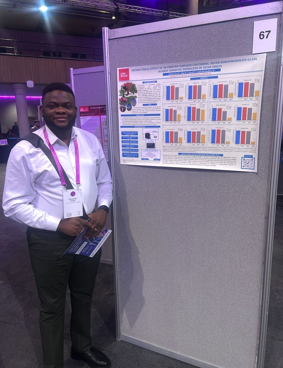 School of Applied Sciences (@uwe_soas) on Twitter photo Congratulations to Oluwatobi Fatola, PhD student supervised by <a href="/Alex_Stratakos/">Alexandros Ch. Stratakos</a> who presented findings from his research on the antibacterial efficacy of #3Dprinted antimicrobial surfaces against biofilm & planktonic cells <a href="/MLSFutureForum/">Minoritised Life Scientists Future Forum</a>
#MLSFF25 #Publichealth #Infectioncontrol Congratulations to Oluwatobi Fatola, PhD student supervised by <a href="/Alex_Stratakos/">Alexandros Ch. Stratakos</a> who presented findings from his research on the antibacterial efficacy of #3Dprinted antimicrobial surfaces against biofilm & planktonic cells <a href="/MLSFutureForum/">Minoritised Life Scientists Future Forum</a>
#MLSFF25 #Publichealth #Infectioncontrol