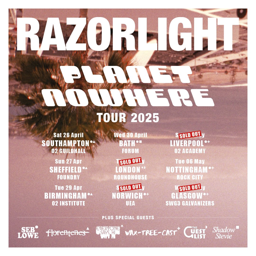 Razorlight (@razorlight) on Twitter photo Excited to announce some very special guests that will be joining us on tour 🎉🎉 <a href="/Seb_lowe_music/">Seb Lowe</a> , <a href="/florentenes/">Florentenes</a> <a href="/EveryoneSays_hi/">Everyone_Says_Hi_</a> @waxtreecastband <a href="/theguestlistdoc/">The Guest List</a> . @shadowstevie get your ticket here: tix.to/Razorlight ! X Excited to announce some very special guests that will be joining us on tour 🎉🎉 <a href="/Seb_lowe_music/">Seb Lowe</a> , <a href="/florentenes/">Florentenes</a> <a href="/EveryoneSays_hi/">Everyone_Says_Hi_</a> @waxtreecastband <a href="/theguestlistdoc/">The Guest List</a> . @shadowstevie get your ticket here: tix.to/Razorlight ! X