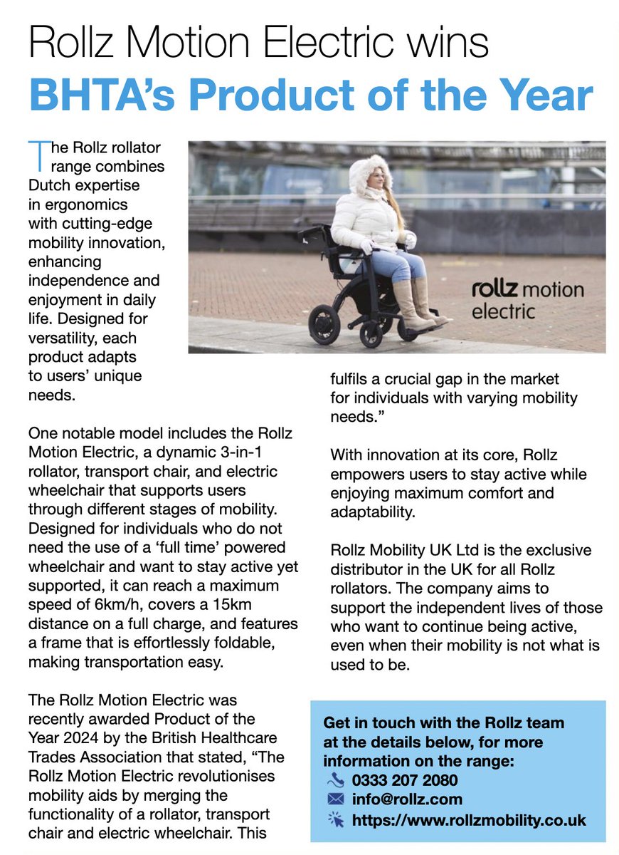 Rollz Motion Electric is featured in the latest issue of <a href="/hcm_uk/">Healthcare Matters</a> magazine for winning <a href="/weareBHTA/">BHTA</a>'s Product of the Year 2024! 🎉 We're proud to drive innovation in mobility.

Check out the full magazine here:issuu.com/baitmedialibra…. 

#RollzMotionElectric #BHTAAwards #Innovation
