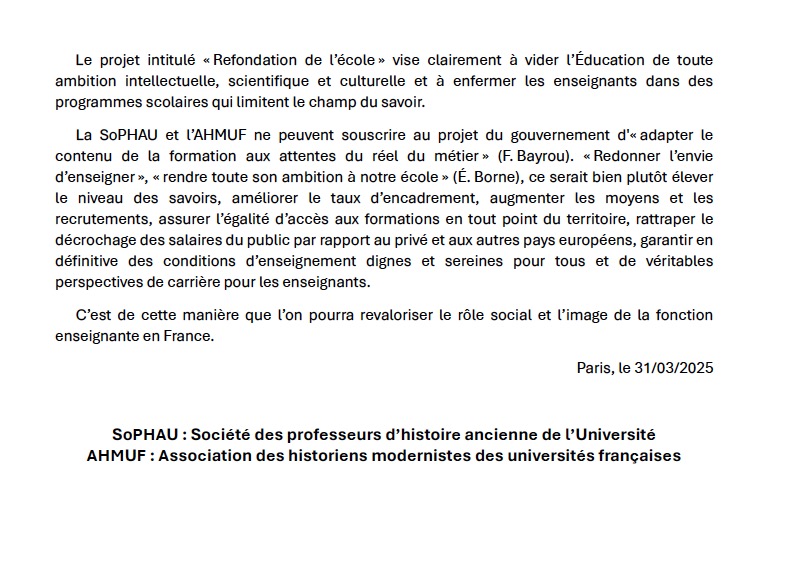 Communiqué commun de <a href="/AssoSoPHAU/">Société des Professeurs d'Histoire ancienne</a>
et <a href="/histoiremoderne/">ahmuf</a> sur la future réforme de la formation des enseignants. L'initiative a été rejointe par la <a href="/shmesp/">SHMESP</a> et <a href="/Asso_H2C/">H2C</a>. sophau.univ-fcomte.fr/index.php/actu…
