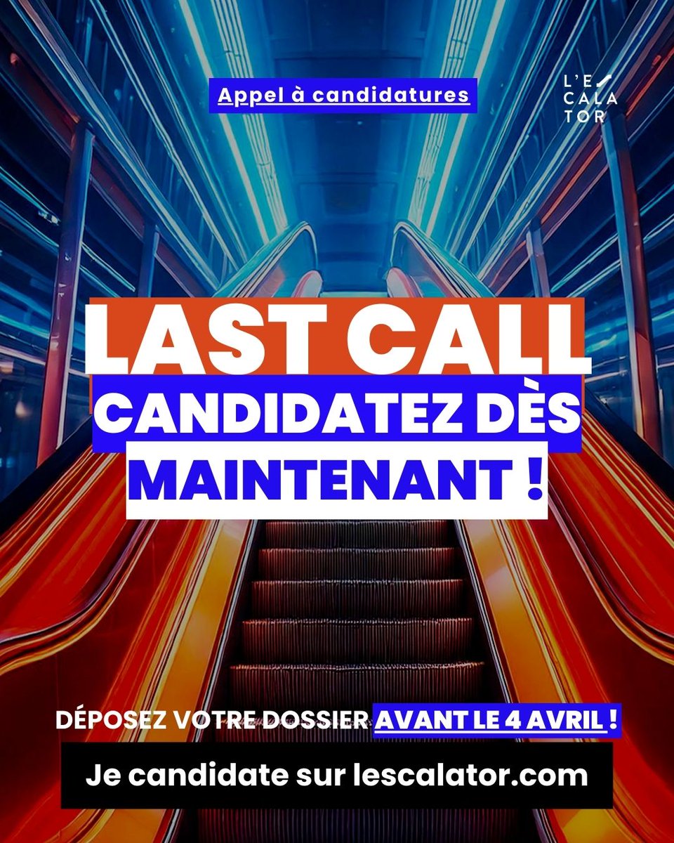 LAST CALL ! 📢 ‼️ 

N'attendez plus pour tenter de rejoindre L'Escalator !

Au programme : Mentorat, ateliers, coaching et un super réseau d'entrepreneurs et grands groupes engagés à nos côtés ! 💪 

Déposez votre dossier de candidature avant le 4 avril ! lnkd.in/d3WnCS3