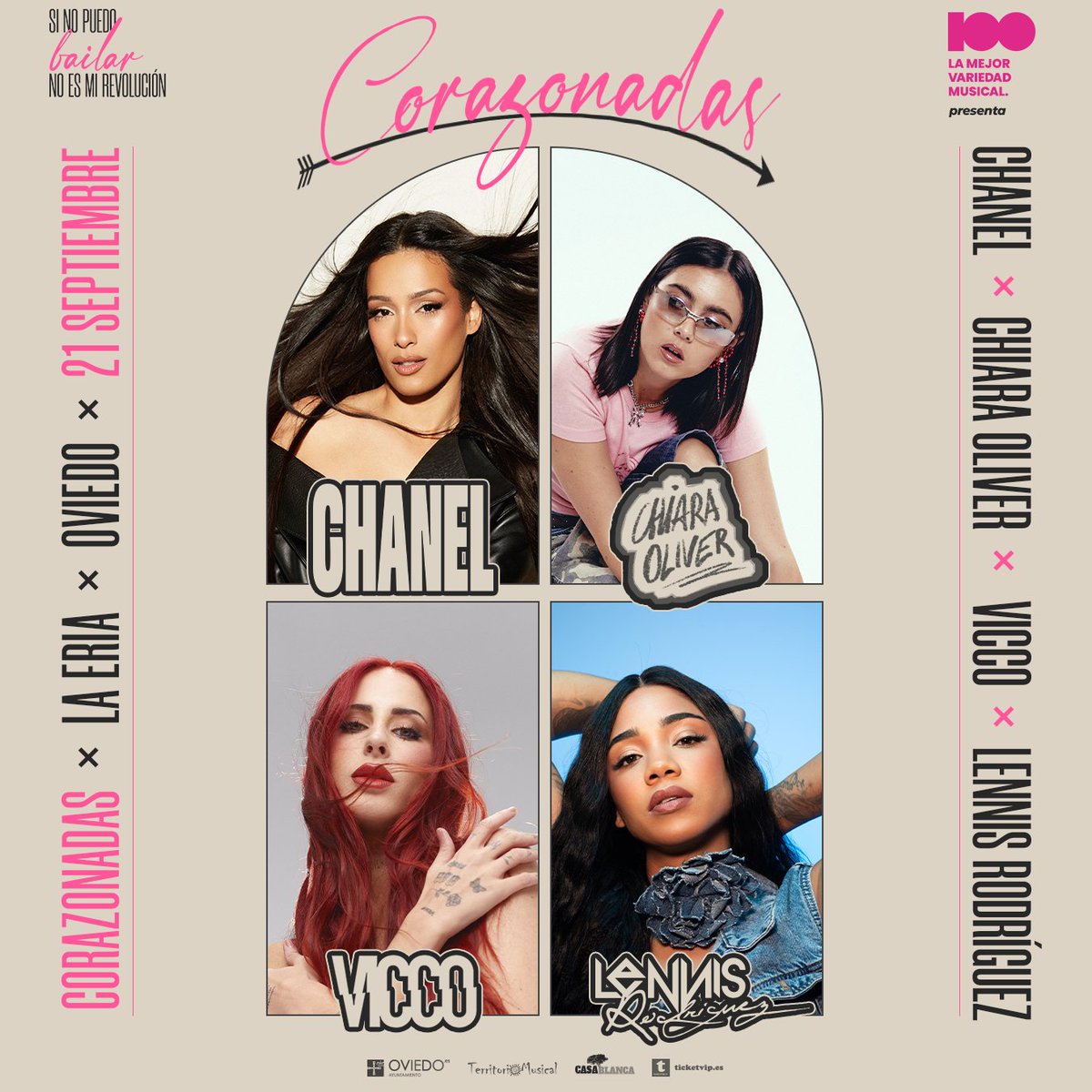A las 12h sale a la venta este cartelazo con #Chanel + #ChiaraOliver + #Vicco + #LennisRodriguez en el festival Corazonadas en Oviedo❤️‍🔥

🌟Y lo mejor de todo es que las entradas están a 10€🌟

🎟️Ticketvip.es