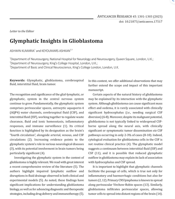 King's Neurosurgery (@kingsneuro) on Twitter photo We wrote to editor <a href="/IIAR_Journals/">International Institute of Anticancer Research</a> on "Glymphatic insights in glioblastoma".
👉reduced glymphatic outflow in GBM may explain its lack of association with hydrocephalus and CSF spread
Read more:
doi.org/10.21873/antic…
#GBM #braincancer #glymphatics #hydrocephalus We wrote to editor <a href="/IIAR_Journals/">International Institute of Anticancer Research</a> on "Glymphatic insights in glioblastoma".
👉reduced glymphatic outflow in GBM may explain its lack of association with hydrocephalus and CSF spread
Read more:
doi.org/10.21873/antic…
#GBM #braincancer #glymphatics #hydrocephalus