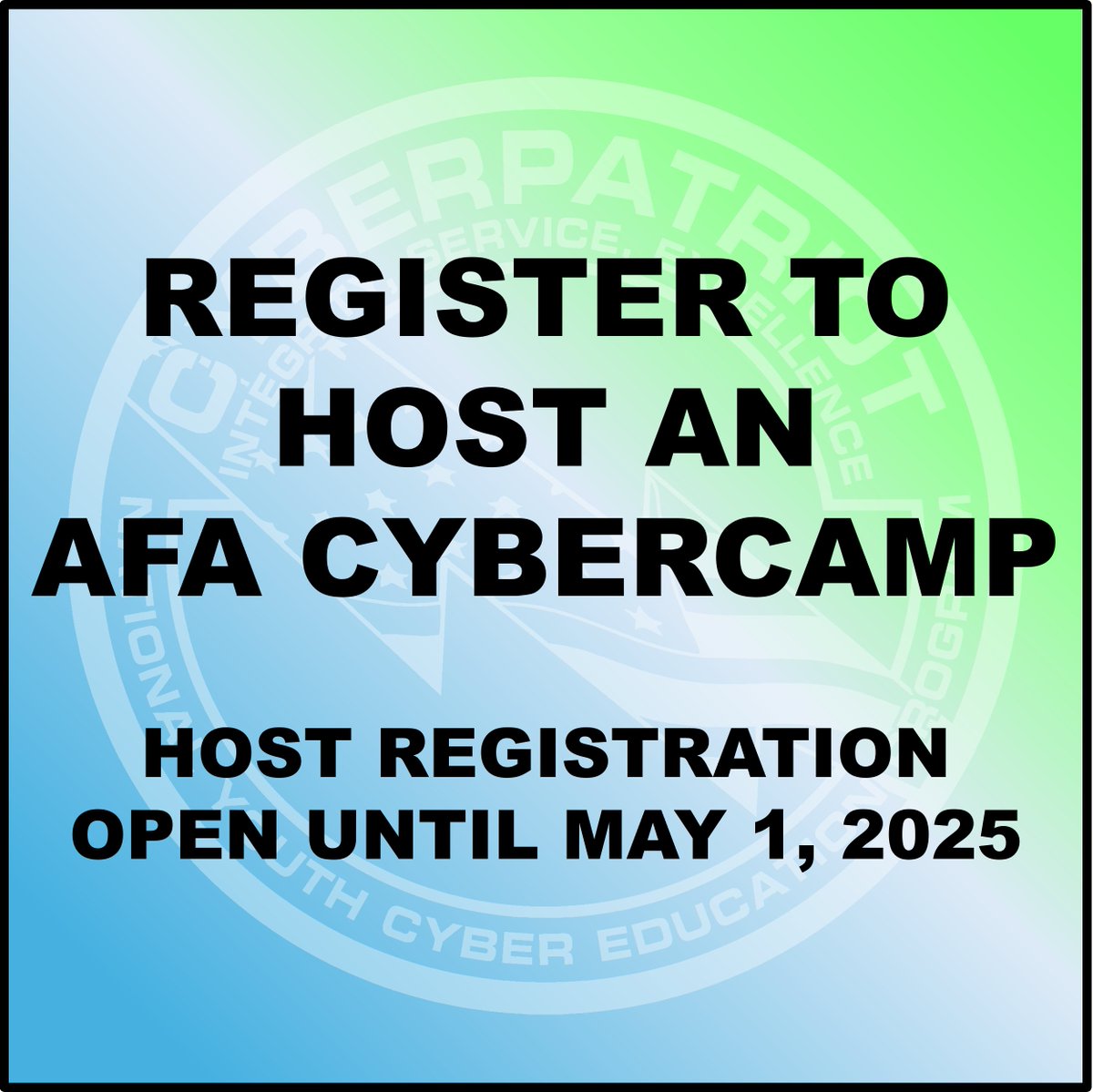 Interested in hosting an AFA CyberCamp this summer? Only a few weeks left to register!

With 10 weeks to choose from this year – easily find a time that works best for you!

To learn more, visit: uscyberpatriot.org/afa-cybercamps…