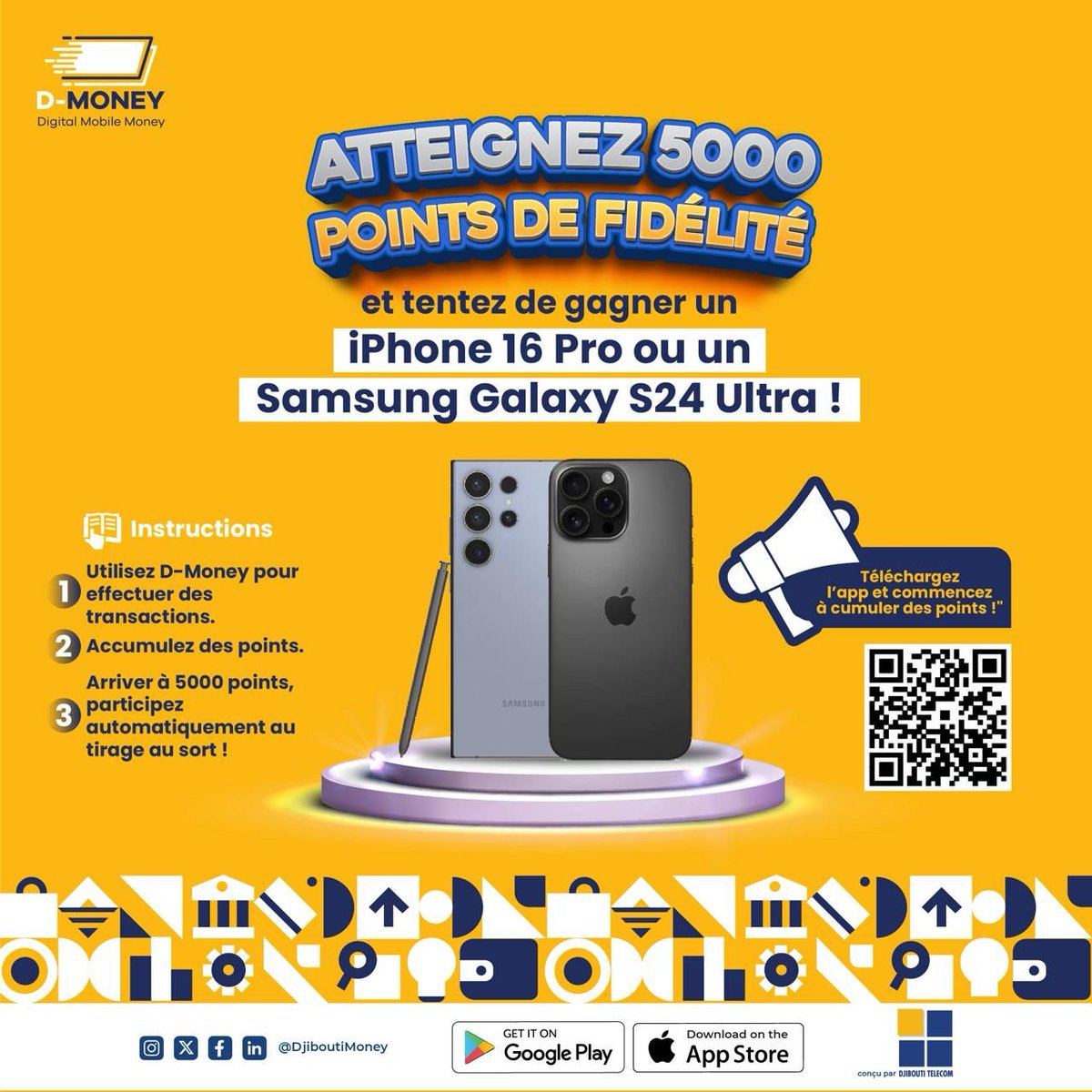 📢 Accumulez 5 000 points et tentez de gagner un iPhone 16 Pro Max ou un Samsung Galaxy S24 Ultra ! 📱🔥
Utilisez avec D-Money et boostez vos chances ! 🚀

#Concours #DMoney #iPhone16ProMax #GalaxyS24Ultra