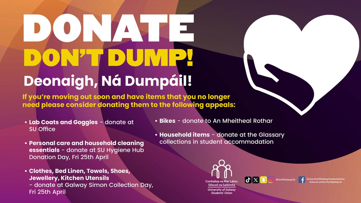Comhaltas na Mac Léinn, Ollscoil na Gaillimhe (@uniofgalwaysu) on Twitter photo ♻️Deonaigh seachas dumpáil!
Má tá tú chun bogadh amach go luath agus earraí agat nach dteastaíonn uait a thuilleadh, smaoinigh faoi iad a thabhairt do na feachtais seo a leanas:
🔗su.universityofgalway.ie/news/donate-do…
#DoChomhaltas #DonateDontDump ♻️Deonaigh seachas dumpáil!
Má tá tú chun bogadh amach go luath agus earraí agat nach dteastaíonn uait a thuilleadh, smaoinigh faoi iad a thabhairt do na feachtais seo a leanas:
🔗su.universityofgalway.ie/news/donate-do…
#DoChomhaltas #DonateDontDump