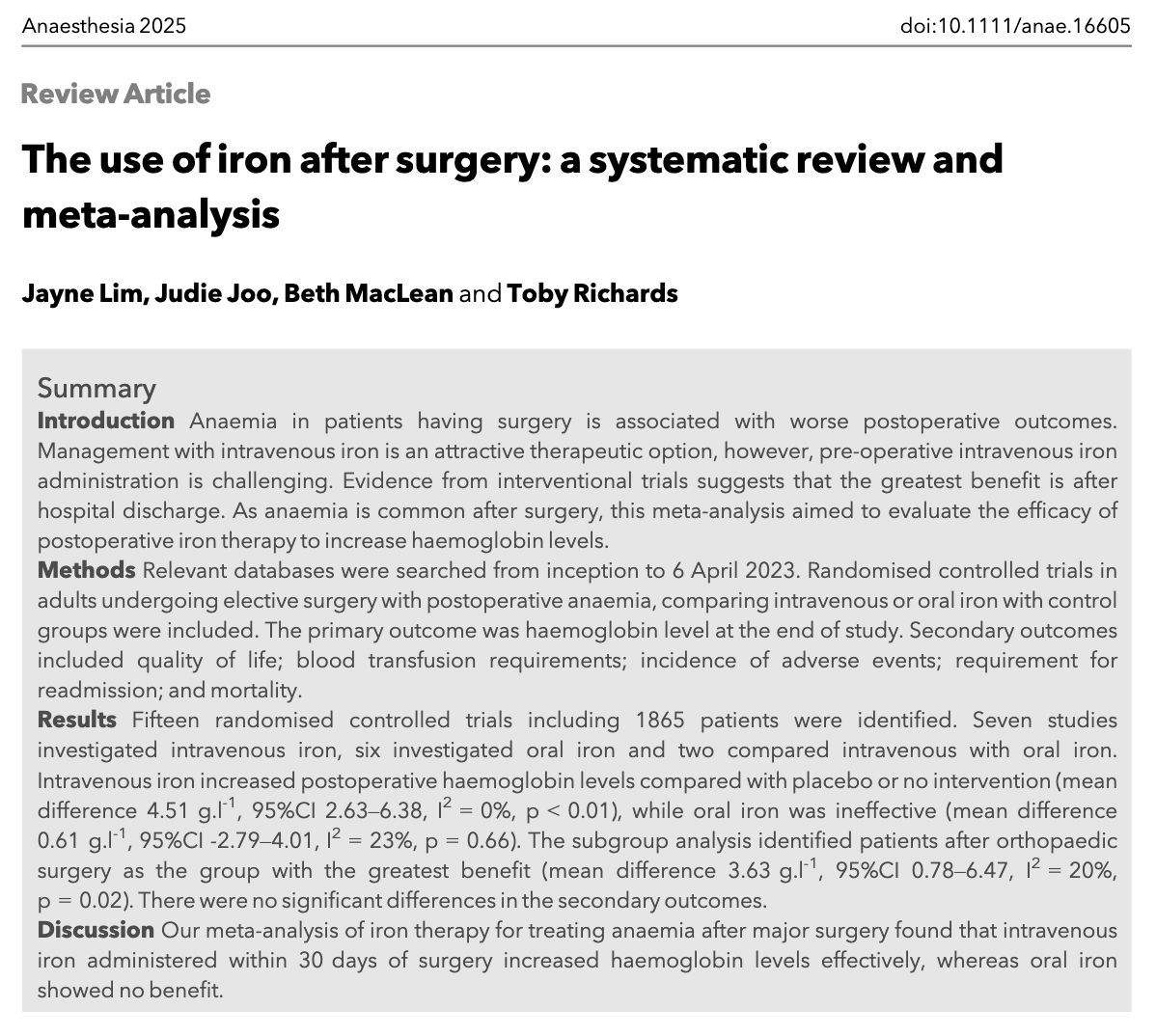 𝘈𝘯𝘢𝘦𝘴𝘵𝘩𝘦𝘴𝘪𝘢 (@anaes_journal) on Twitter photo Review Article: The use of iron after surgery: a systematic review and meta-analysis
#anaesthesia #orthopaedics #medicine #anaemia
<a href="/TobyRichardsUEL/">Toby Richards</a>
doi.org/10.1111/anae.1… Review Article: The use of iron after surgery: a systematic review and meta-analysis
#anaesthesia #orthopaedics #medicine #anaemia
<a href="/TobyRichardsUEL/">Toby Richards</a>
doi.org/10.1111/anae.1…