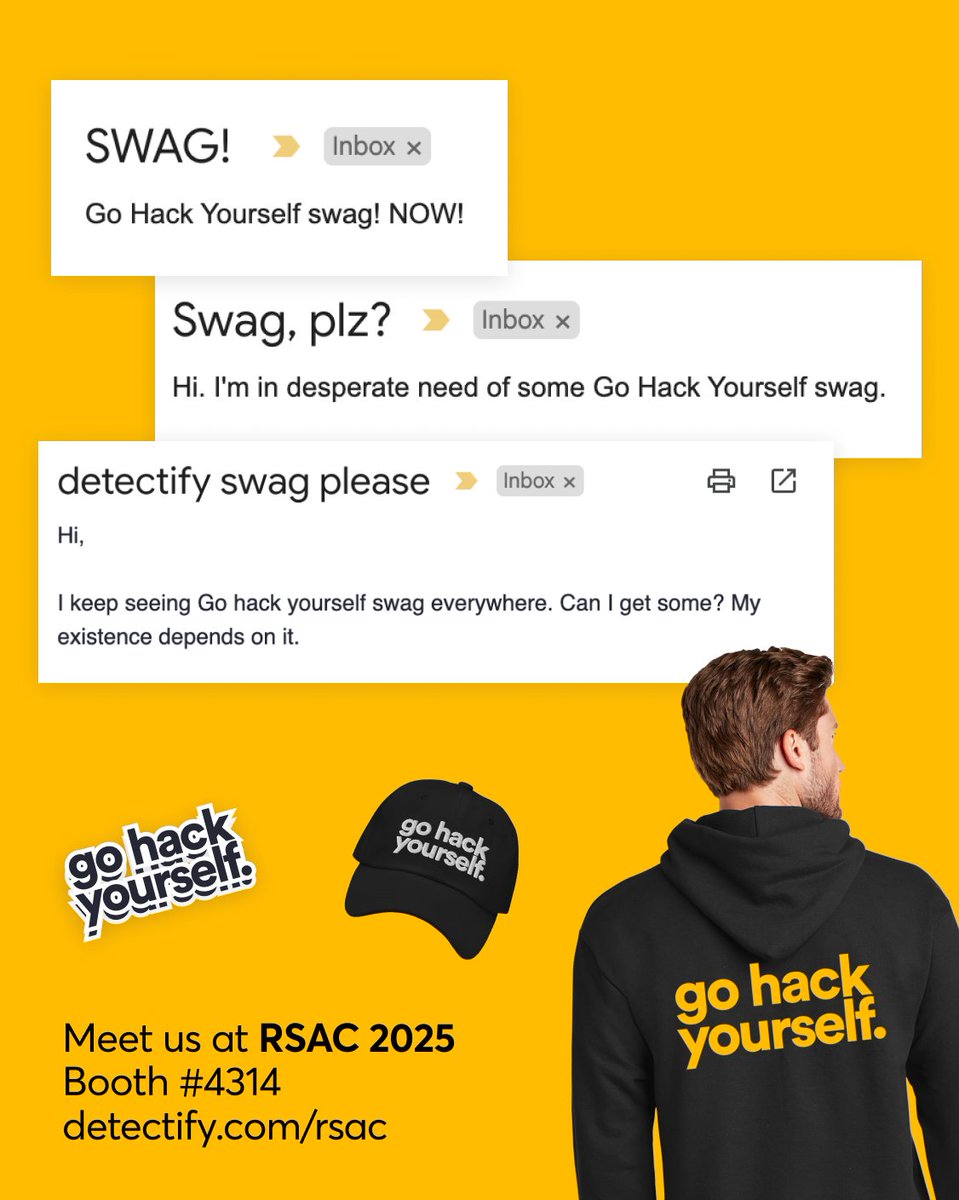 detectify's tweet image. Attending #RSAC? It's finally your chance to snag some of our famous Go Hack Yourself swag. More info: detectify.com/rsac