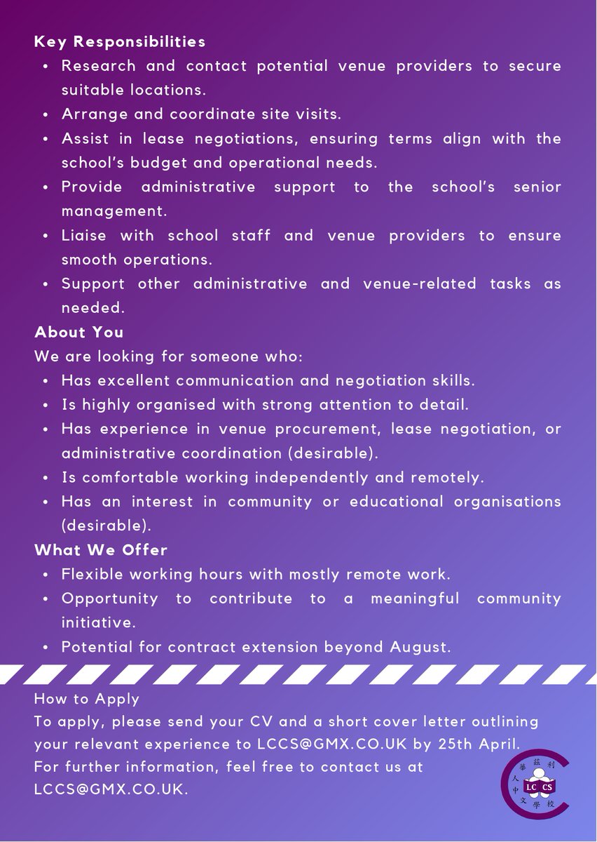 We Are Hiring
Are you passionate about supporting a small charity? Do you have strong organisation &amp; communication skills? Can you spare 2 hrs/week to help with venue procurement and admin tasks?
Join us and make a real impact in our community
#parttimejob #remotework #schooljobs