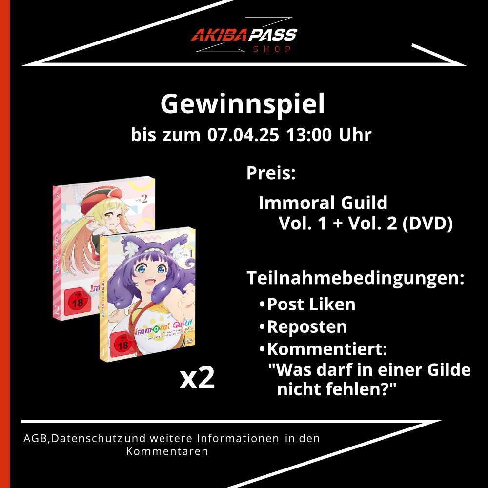 AKIBAPASS's tweet image. In einer Gilde versammeln sich nur starke Gefährten... oder? 
Macht mit und gewinnt mit etwas Glück die DVDs zu Immoral Guild.

Die Gewinnspielbedingungen und AGBs sind auf dem Bild und in den Kommentaren.