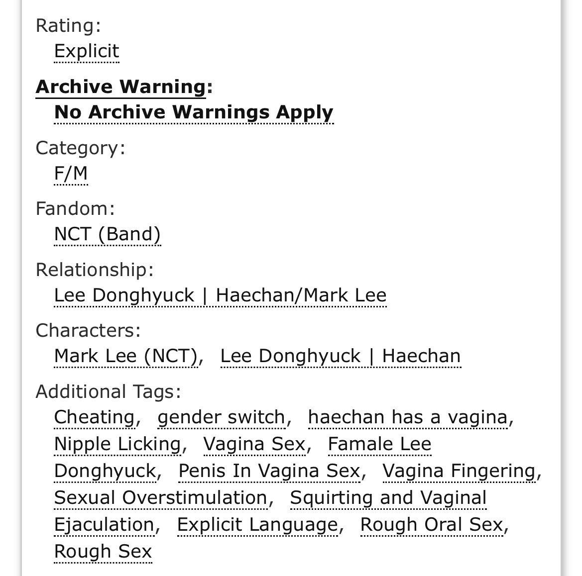 Markhyuck ao3

— Jatah Mantan

🔗 archiveofourown.org/works/64388650

Cw / TW // CHEATING / genderswitch / nsfw / 🔞🔞🔞