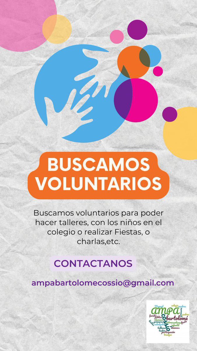 #Voluntarios | ¿Os gustaría participar en diferentes actividades junto a vuestros hijos? 

A través del AMPA podréis organizar diferentes actividades, talleres, cursos, fiestas y muchas cosas más.

Os invitamos a ser partícipes de este proyecto. 

¡Hazte voluntario!