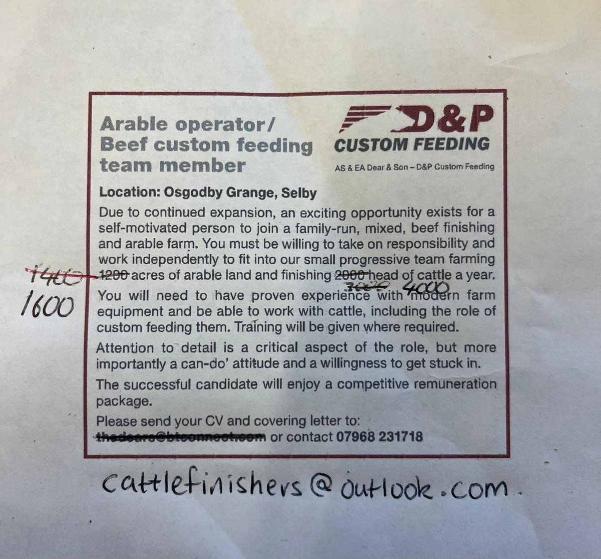We're hiring! Full or Part time. 
Progressive food production focused family farm.

1st role Arable/Beef Operator. 
2nd role Field Mechanic. 
Please feel free to share and get in touch.
cattlefinishers@outlook.com