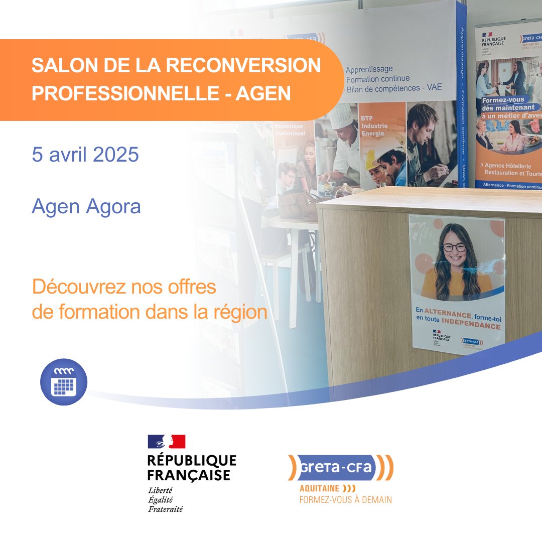 📅 RDV ce samedi 5 avril de 9 à 16h à Agen Agora au salon de la reconversion professionnelle !

📍Venez découvrir nos offres de formation dans nos nombreux secteurs d'activité et rencontrez nos équipes pour toutes vos questions !
 #salon #reconversion #emploi #formation #agen