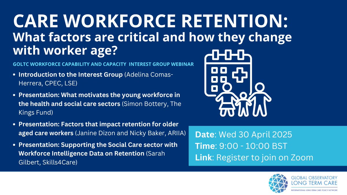Global Observatory of Long-Term Care (@globalobltc) on Twitter photo Another webinar to get excited about!
Care #WorkforceRetention: what factors are critical + how they change w/ age? πΌ
Join us on Wed 30 April for this session feat. <a href="/blimeysimon/">Simon Bottery</a>, Janine Dizon, Nicky Baker (<a href="/ariia_org/">ARIIA</a>) + <a href="/SarGilbert/">Sarah Shimmin Gilbert</a> (<a href="/skillsforcare/">Skills for Care</a>):π lse.zoom.us/meeting/registβ¦ Another webinar to get excited about!
Care #WorkforceRetention: what factors are critical + how they change w/ age? πΌ
Join us on Wed 30 April for this session feat. <a href="/blimeysimon/">Simon Bottery</a>, Janine Dizon, Nicky Baker (<a href="/ariia_org/">ARIIA</a>) + <a href="/SarGilbert/">Sarah Shimmin Gilbert</a> (<a href="/skillsforcare/">Skills for Care</a>):π lse.zoom.us/meeting/registβ¦