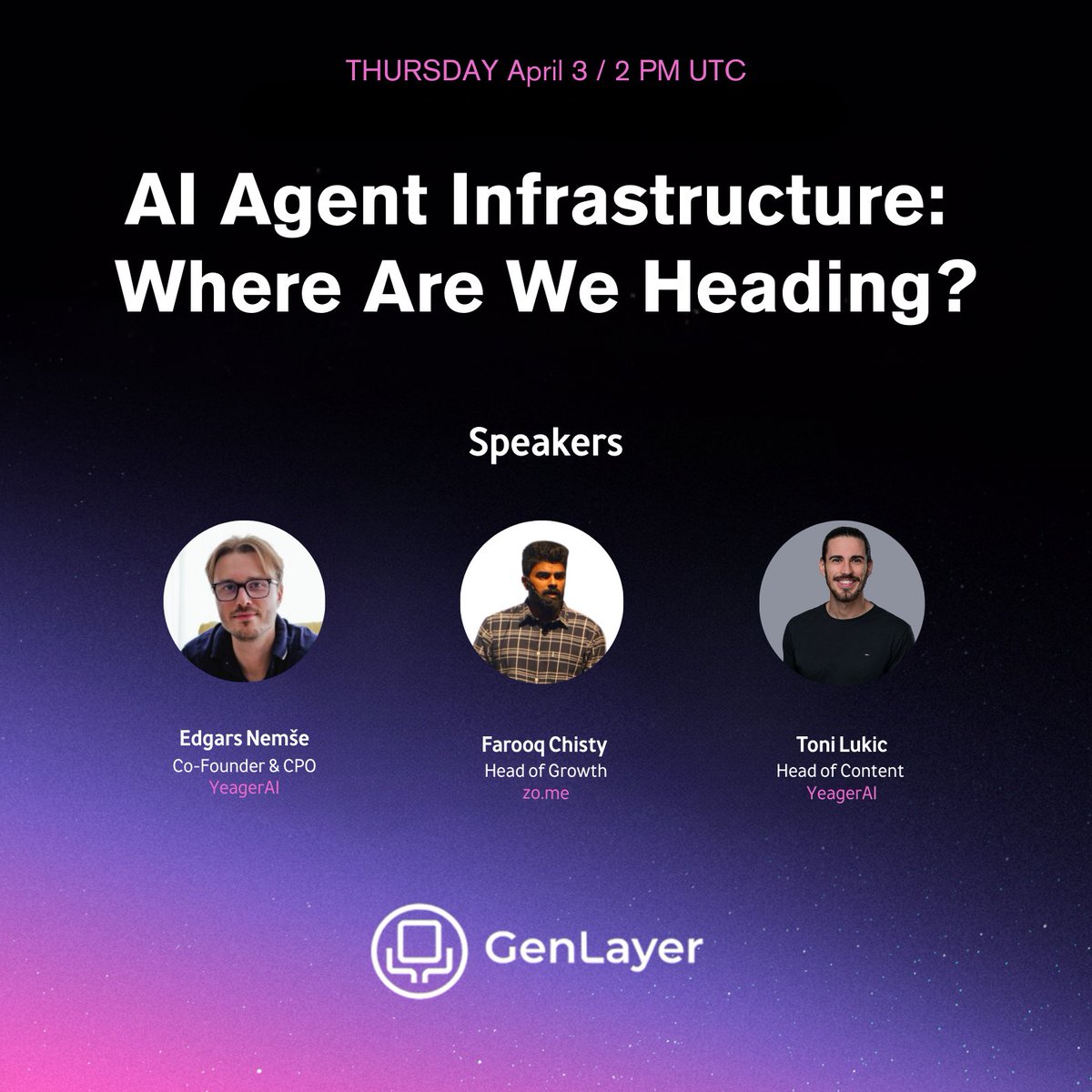 GenLayer 🧠 (@genlayer) on Twitter photo Join GenLayer's <a href="/EdgarsNemse/">Edgars Nemše</a> & <a href="/Cryptony09/">Cryptony</a> alongside <a href="/joinzo/">Zo | zo.me</a>'s <a href="/farooqsheik/">Farooq | zo.me</a> today to explore AI agent infrastructure, and new value creation from the emerging agent economy.
📅 April 3
⏰ 2 pm UTC
Set your reminders 👇🏼
x.com/genlayer Join GenLayer's <a href="/EdgarsNemse/">Edgars Nemše</a> & <a href="/Cryptony09/">Cryptony</a> alongside <a href="/joinzo/">Zo | zo.me</a>'s <a href="/farooqsheik/">Farooq | zo.me</a> today to explore AI agent infrastructure, and new value creation from the emerging agent economy.
📅 April 3
⏰ 2 pm UTC
Set your reminders 👇🏼
x.com/genlayer