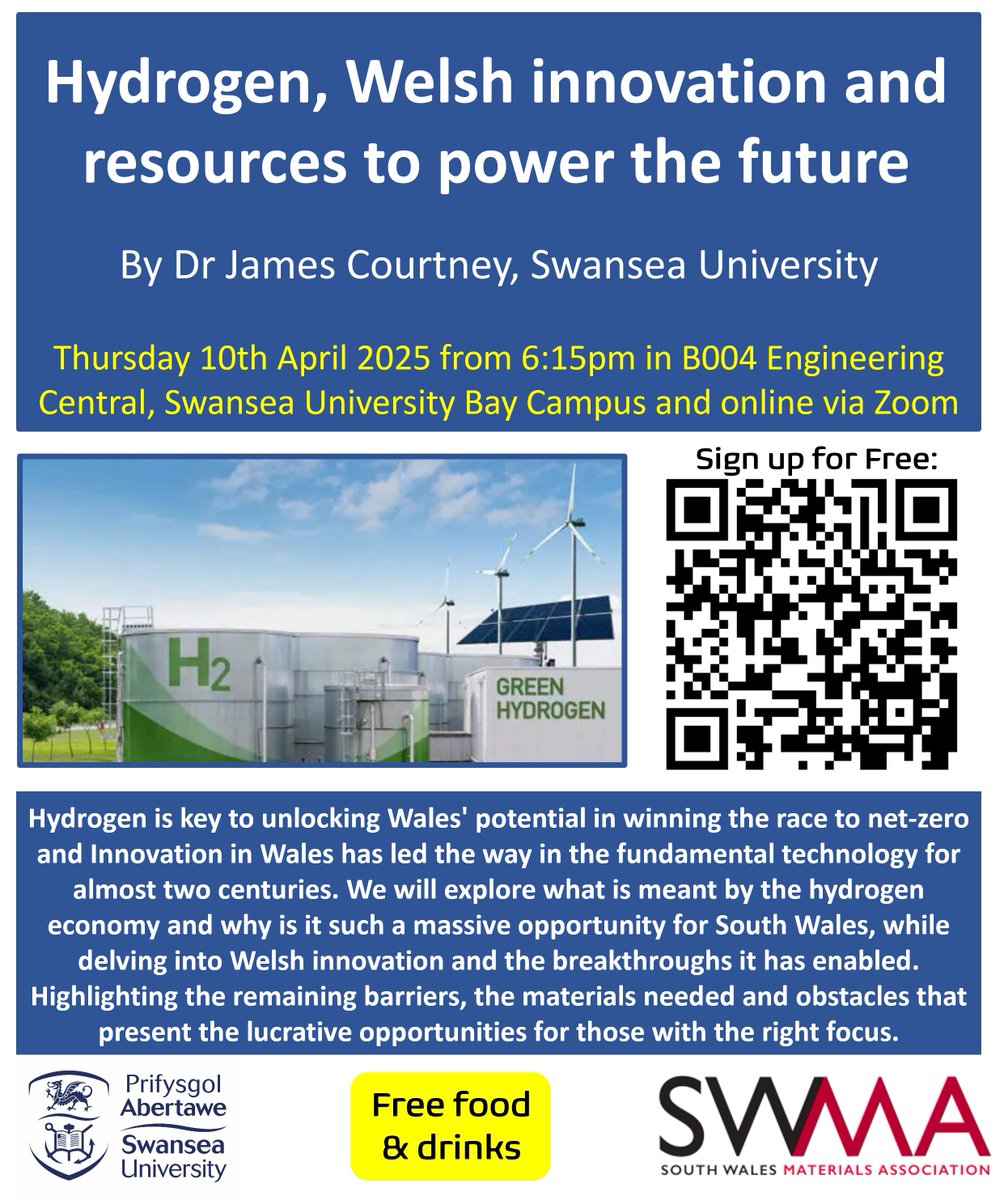 SWMA_IOM's tweet photo. Join us for a great SWMA Talk on Hydrogen, Welsh innovation and resources to power the future, by Dr James Courtney, Lecturer in Chemical Engineering at Swansea University. 🔬💧

To sign up, please click the following link: https://t.co/mk4rkFvUkc https://t.co/dkjlISRD8t