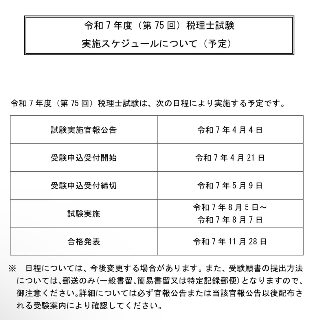 c0rm0rant_mng's tweet photo. 明日（4/4）、第75回税理士試験の公告があります。

試験日程は既に予定日として公表されている8/5(火)〜8/7(木)のままかとは思いますが、願書受付日程、合格発表日なども含めて国税庁のHPを確認しましょう。 https://t.co/xQEYElT9t9