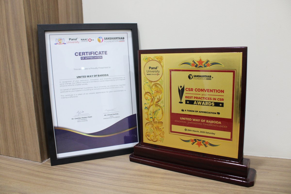 Honored to receive the Best Practices in #CSRAward at the #CSRConvection hosted by #SakshamthadFoundation - #ParulUniversity! We are inspired to continue our work in creating positive change. 

#UnitedWayBaroda #NGO #Awards #CSR  #CommunityImpact #SocialResponsibility #UWB