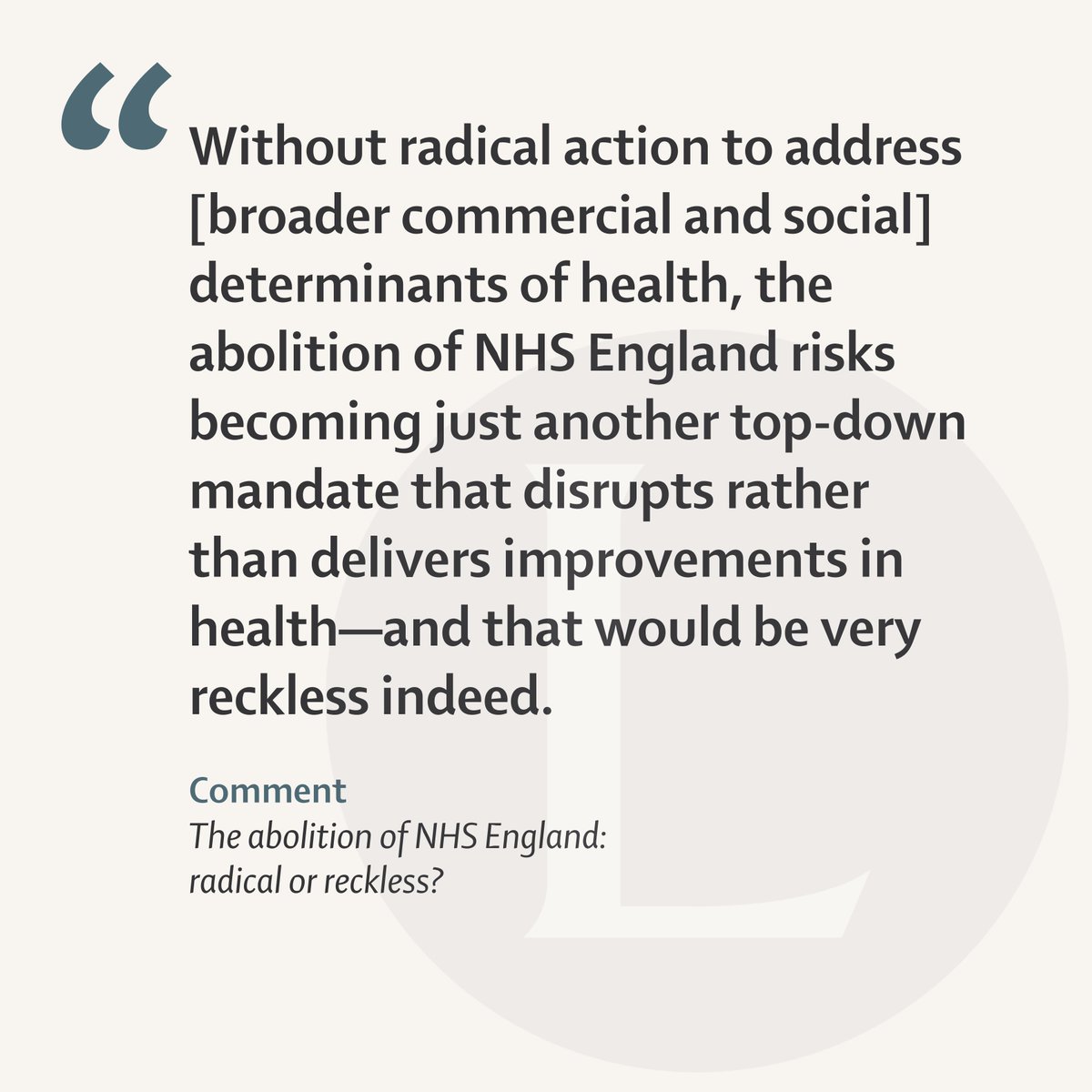The Lancet (@thelancet) on Twitter photo Public support for change in the NHS is clear, but what does the abolition of NHS England mean for the UK's health-care delivery system?
<a href="/JessamyBagenal/">Jessamy Bagenal BSc, MBBS, MRCS, MPH, FRSPH ๐๐ฃ๐</a> explores the implications of this radical move on the future of healthcare in England: thelancet.com/journals/lanceโฆ Public support for change in the NHS is clear, but what does the abolition of NHS England mean for the UK's health-care delivery system?
<a href="/JessamyBagenal/">Jessamy Bagenal BSc, MBBS, MRCS, MPH, FRSPH ๐๐ฃ๐</a> explores the implications of this radical move on the future of healthcare in England: thelancet.com/journals/lanceโฆ