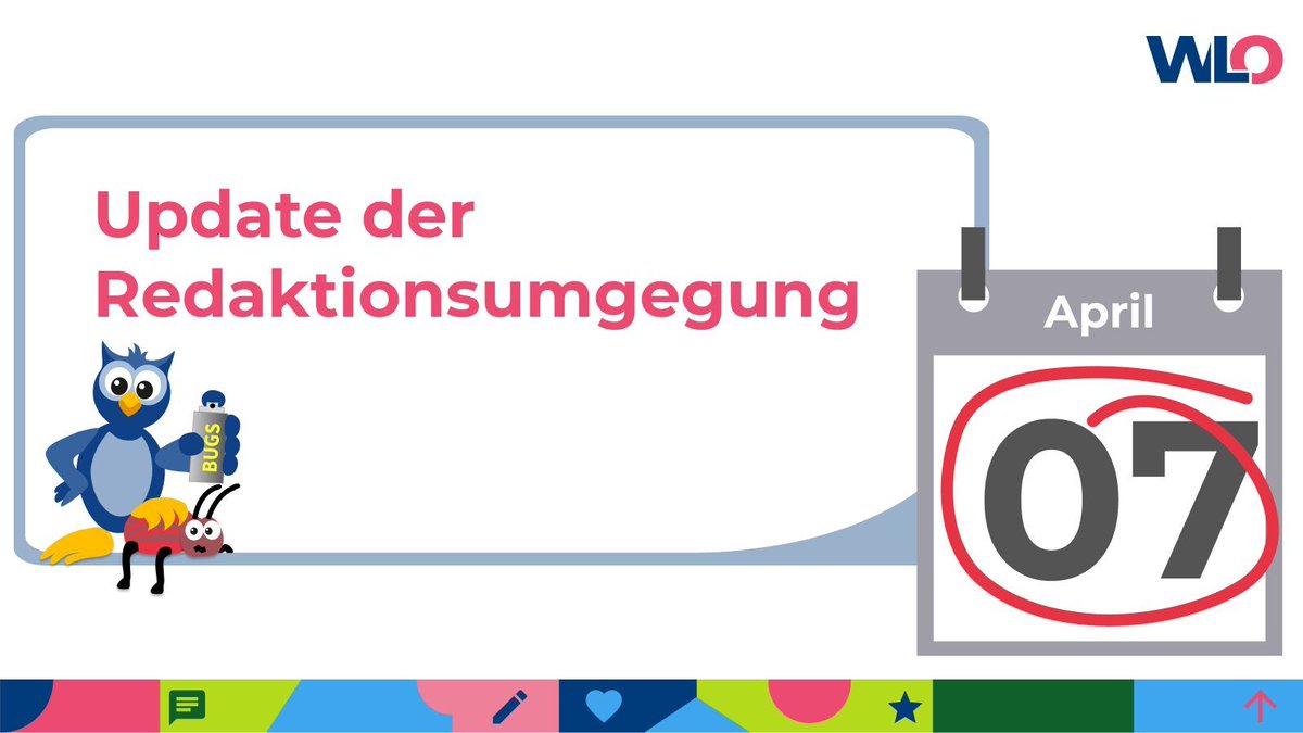 Wir haben ein Update im Gepäck und das spielen wir Montag auf. Dadurch kommt es ab 13 Uhr zu einer Einschränkung der WLO-Redaktionsumgebung. Nach etwa 30 Minuten steht euch der Service wieder wie gewohnt, und sogar noch besser, zu Verfügung.🥳 
#wlo #OERde #sharingIsCaring