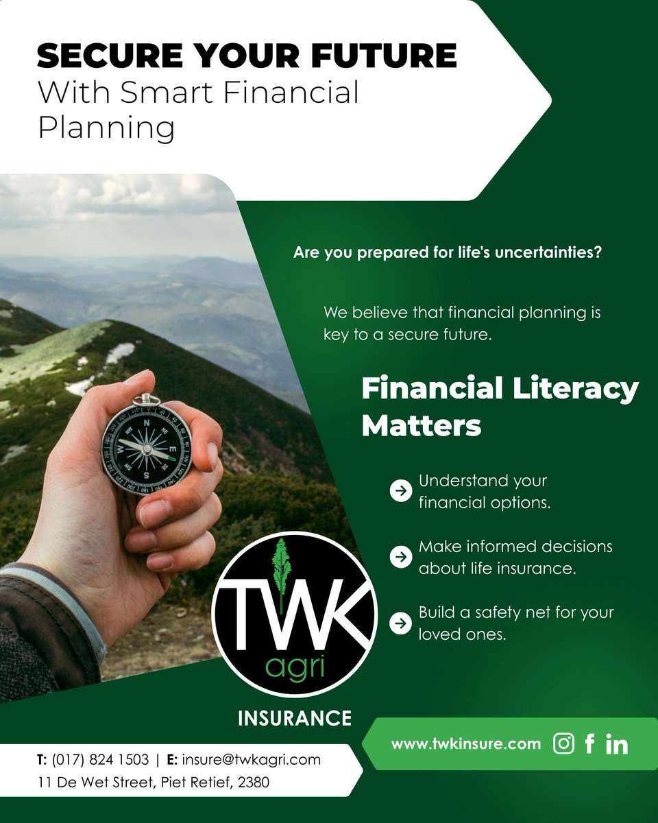 At TWK Agri Insurance, we believe financial literacy is the foundation of a secure tomorrow.

📍 Visit us: 11 De Wet Street, Piet Retief
📞 Call: (017) 824 1503
📧 Email: insure@twkagri.com
🌐 twkinsure.com

#FinancialPlanning #InsuranceMatters #SecureYourFuture