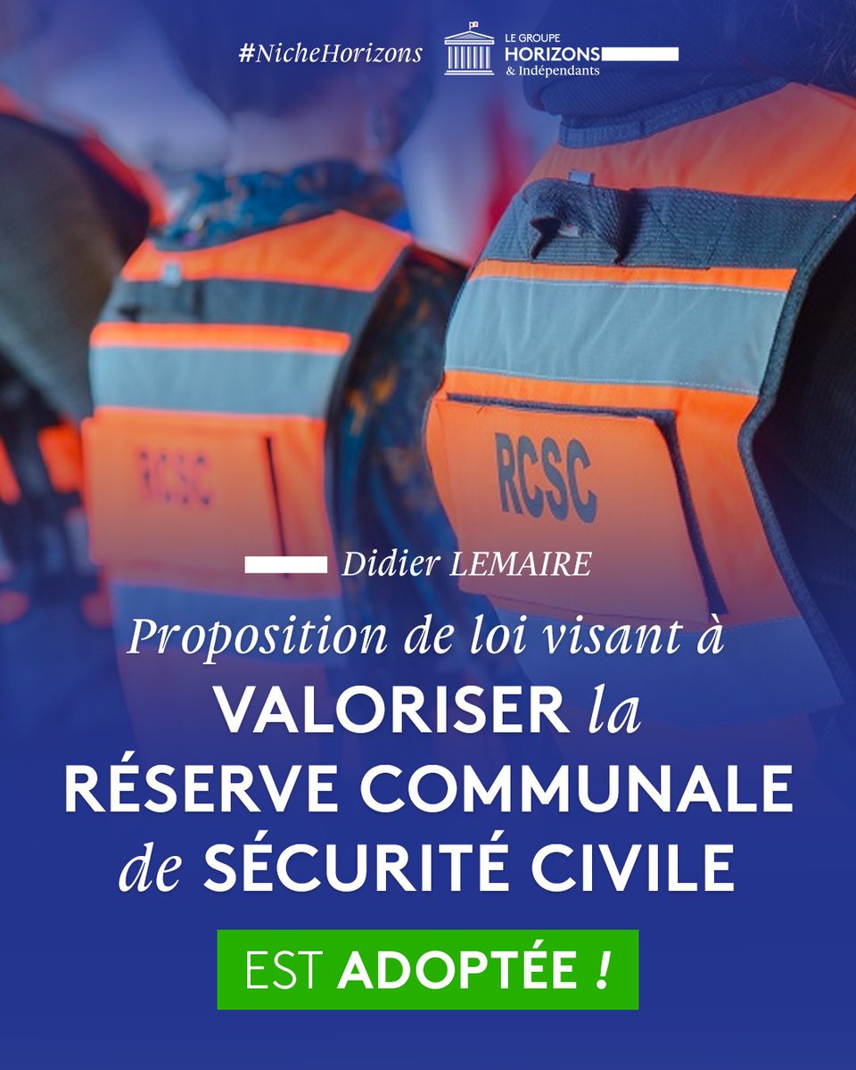 🏛️✅ Victoire pour les élus locaux !

La proposition de loi portée par <a href="/Didier_Lemaire_/">Lemaire Didier</a> visant à valoriser la réserve communale de sécurité civile est adoptée par l'Assemblée nationale !

#DirectAN #NicheHorizons