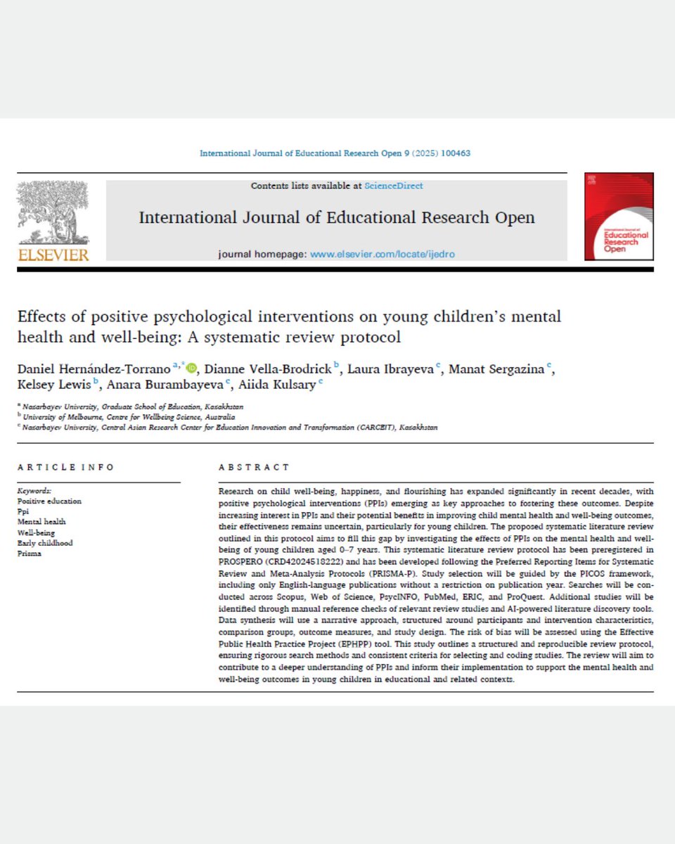 🚨 New publication!
How #PositivePsychology interventions impact the well-being of young kids (0–7 yrs).
✅ PROSPERO registered
 📚Q1 journal
 🔍Systematic Review Protocol
#ECEC #ChildWellbeing #CARCEIT