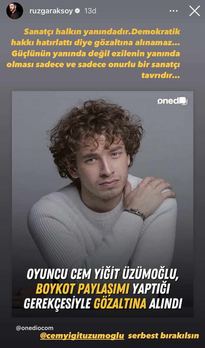 #RüzgarAksoy’dan #CemYiğitÜzümoğlu’na destek paylaşımı 💥

“Sanatçı halkın yanındadır. Demokratik hakkı hatırlattı diye gözaltına alınamaz...

Güçlünün yanında değil ezilenin yanında olması sadece ve sadece onurlu bir sanatçı tavrıdır...”