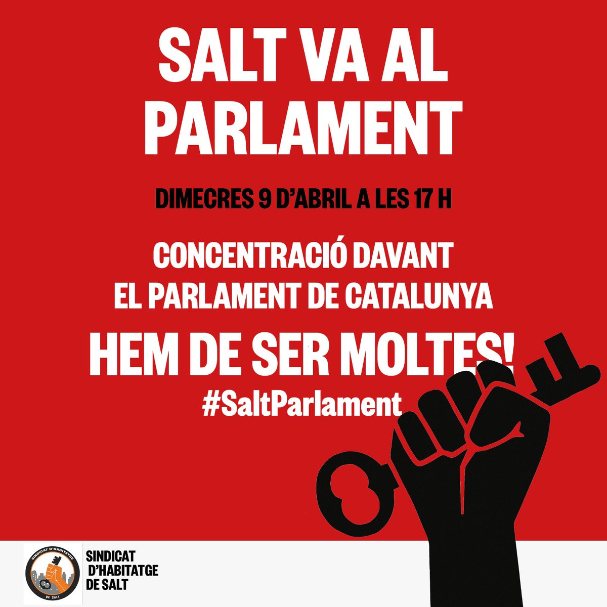 SALT VA AL PARLAMENT
Presentarem el Pla de Xoc per lluitar contra l'emergència habitacional. Ens hi acompanyeu??
📅Dimecres 9 d'abril
⏰ 17 h
👉🏾Parlament de Catalunya (Parc de la Ciutadella) Barcelona
#SaltParlament #ForçaSindicat