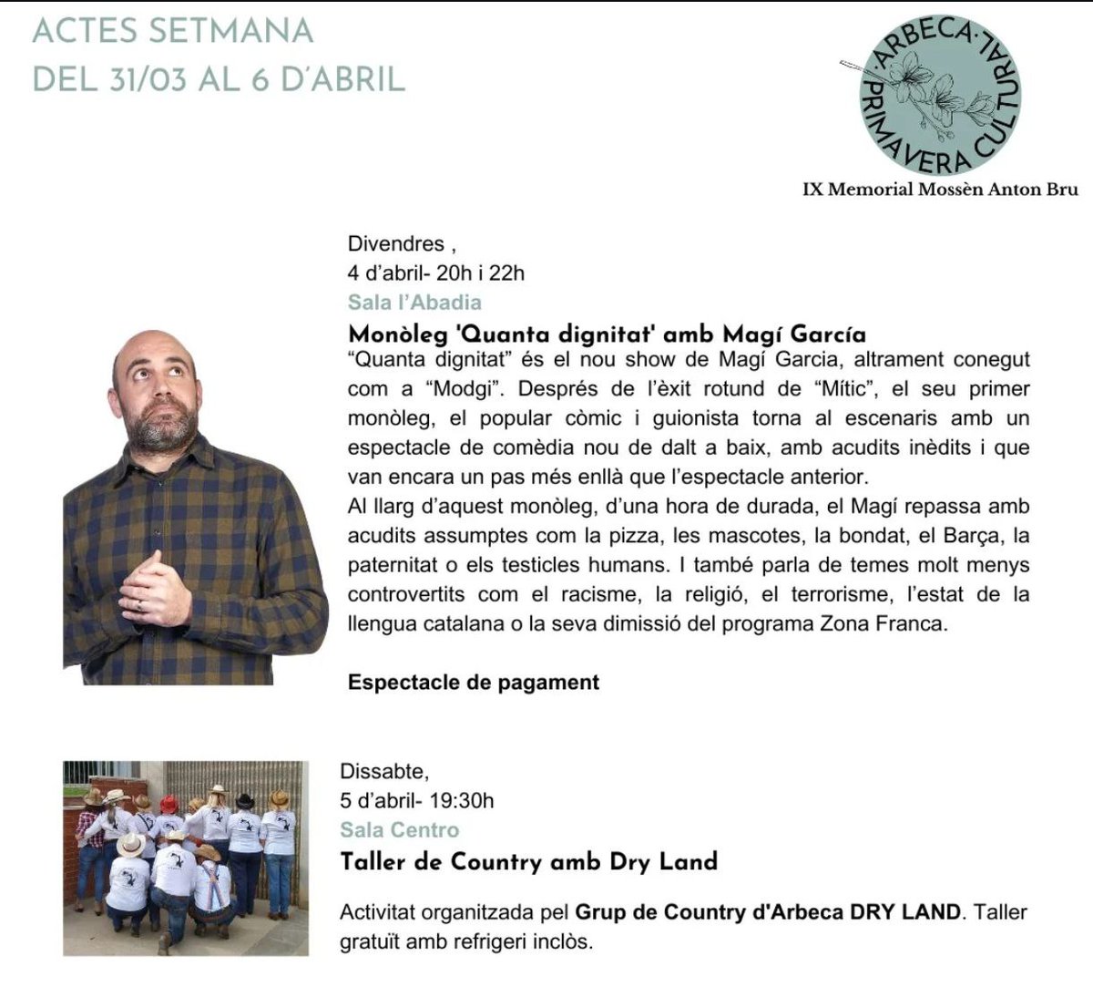 Poques coses més emocionants em passaran a la vida que ser l'avantsala d'un Taller de Country. 

🪕 Entrades pel xou d'aquest DIVENDRES 4 D'ABRIL. Sala l'Abadia d'ARBECA, 20h, aquí: 
arbeca.koobin.cat/m2