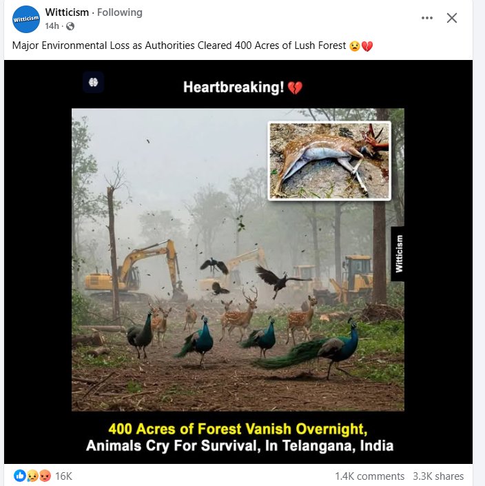 MridulD40050346's tweet photo. Pathetic! The govt takes action against India Got Talent like it was a national threat, but stays silent on Hyderabad’s forest destruction. 400 acres gone, animals homeless—where’s the outrage? #SaveHyderabadForests #GovtFails #SaveHCU #hcubiodiversity https://t.co/owKVT4yZF9