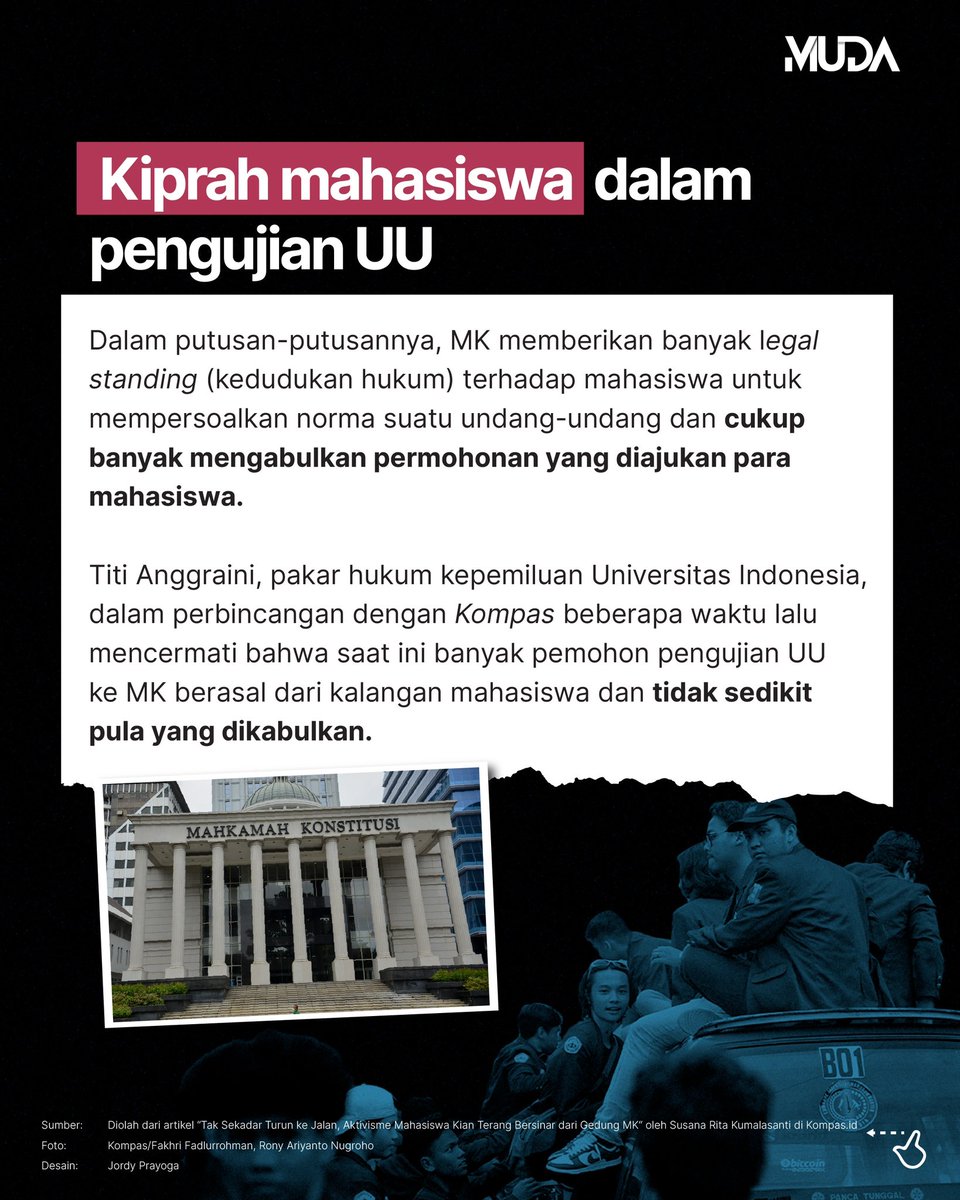 kompasmuda's tweet photo. Keterlibatan mahasiswa juga ditunjukkan melalui pengajuan pengujian konstitusionalitas dan uji formil dan materiil UU kepada MK 📄 #MudaKuliah #AdadiKompas #AktivismeMahasiswa #RUUTNI

https://t.co/rF6QL9vYfv https://t.co/bKq8mcXtbI