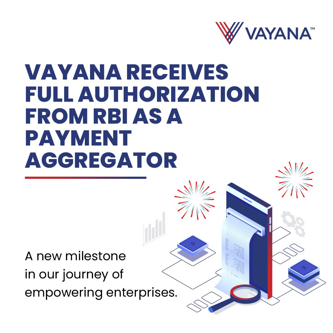 📢 We’re thrilled to announce that Vayana has officially received full authorisation as a Payment Aggregator from RBI. This milestone allows us to integrate payments directly into ERP and workflows, enabling businesses to Digitize B2B Payments and achieve operational efficiency.