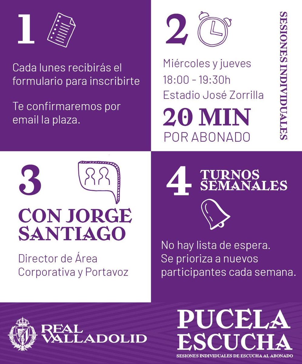 MARCAvalladolid's tweet image. 🟣 El Real Valladolid lanza “Pucela Escucha”

🗣️ Citas individuales para abonados con Jorge Santiago de 20 minutos los miércoles y jueves en horario de 18:00 a 19:30 horas, en las oficinas del Estadio José Zorrilla

👉 Se deberá solicitar por correo electrónico