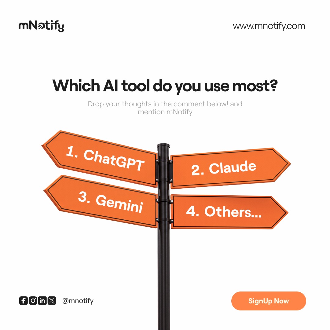 🚦 Which way are you going? 🤔 Choose your AI companion! 👇
1️⃣ ChatGPT
2️⃣ Claude
3️⃣ Gemini
4️⃣ Others...

Drop your answer in the comments &amp; tag <a href="/mNotify/">M N Otify</a>! 📩

#AI #Tech #ChatGPT #Claude #Gemini #Poll #mNotify