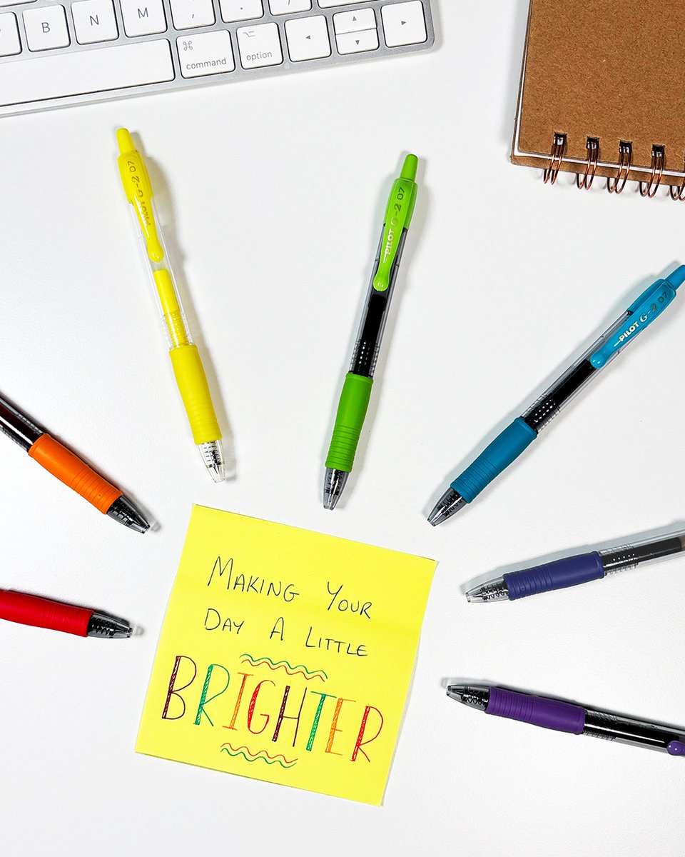 PilotPenUK's tweet photo. Brighten up someone’s day this #NationalRainbowDay 🌈
A little colour goes a long way… why not surprise someone with a rainbow of G2 pens and a thoughtful note? 📝
#MakeYourMark #NationalRainbowDay #RainbowDay #PilotPen #PilotPenUK #G2 #Rainbow #PilotG2 #GelPens #Stationery https://t.co/V7ysiwfmgu
