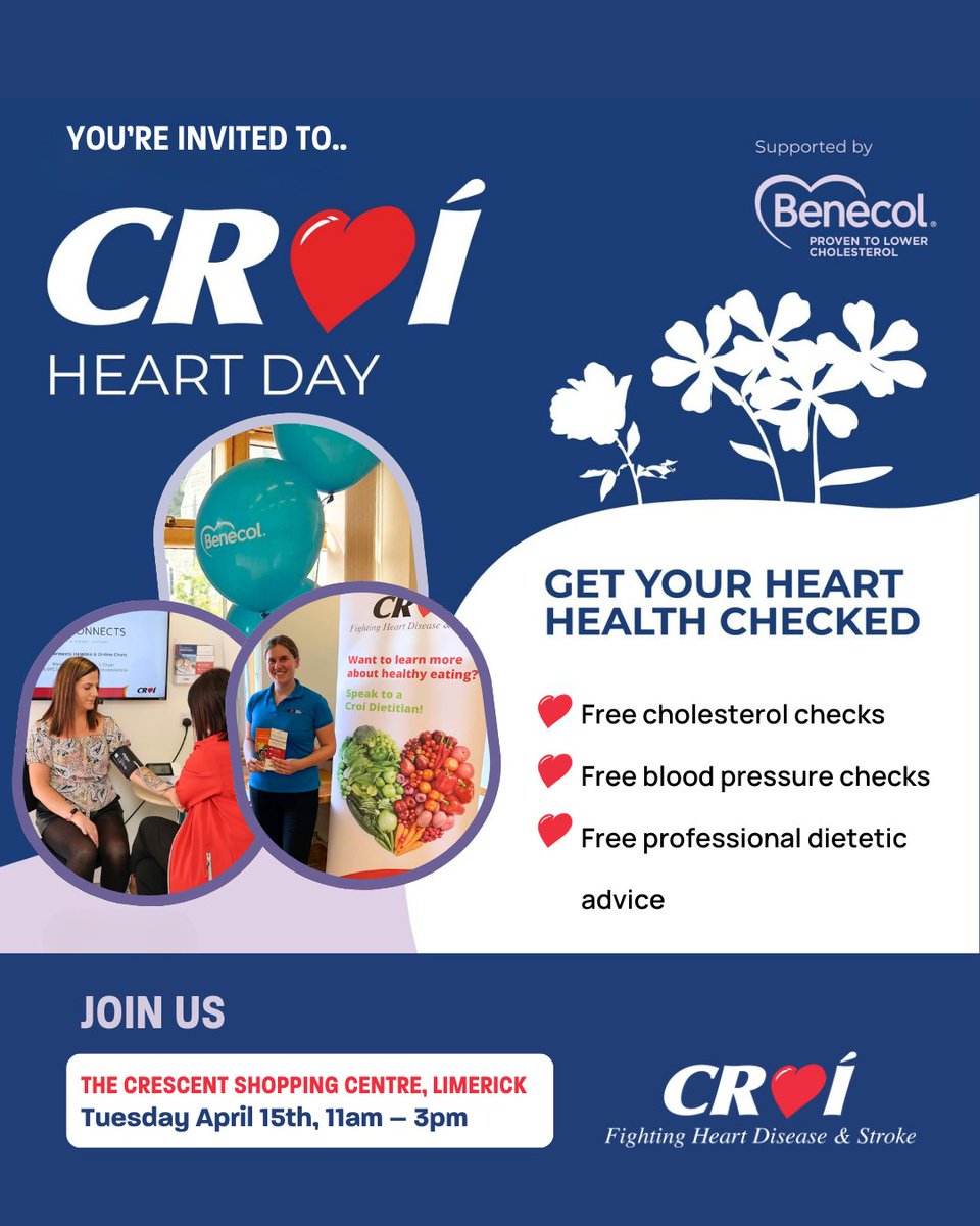 Join us for #CroíHeartDay, an event in partnership with Benecol Ireland! 💙

📍 The Crescent Shopping Centre #Limerick
🗓 Tuesday, April 15th
⏰ 11am - 3pm

Take charge of your heart health with free #cholesterol and #bloodpressure checks, expert #dietaryadvice, and more!