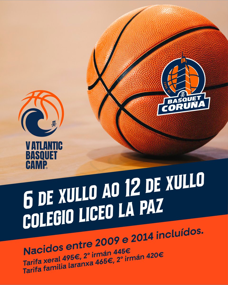 BCAtlantic's tweet image. 💥 XA ESTÁ AQUÍ O V ATLANTIC BASQUET CAMP 💥

🔸 Do 6️⃣ ao 1️⃣2️⃣ de Xullo
🔸 Colegio Liceo La Paz (A Coruña)📍
🔸 Nacid@s entre 2009 e 2014

Non dubides en perfeccionar o teu baloncesto connosco este verán! 💪🏼

Información e inscricións 
👉🏼 atlanticbasquetcamp.wordpress.com 👈🏼