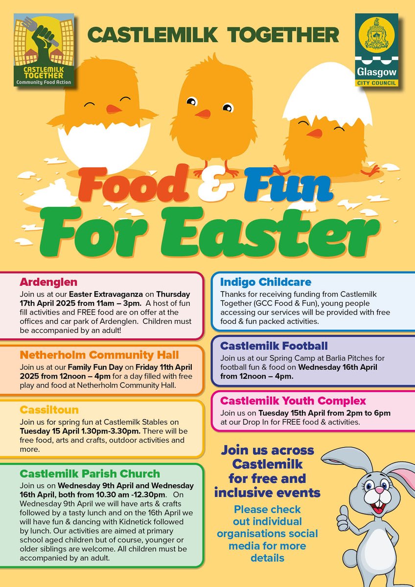 We're delighted to share this Easter's Food &amp; Fun programme, which is being delivered by community organisations as part of Castlemilk Together.
🐣🥚🐰🍫

#castlemilktogether #community